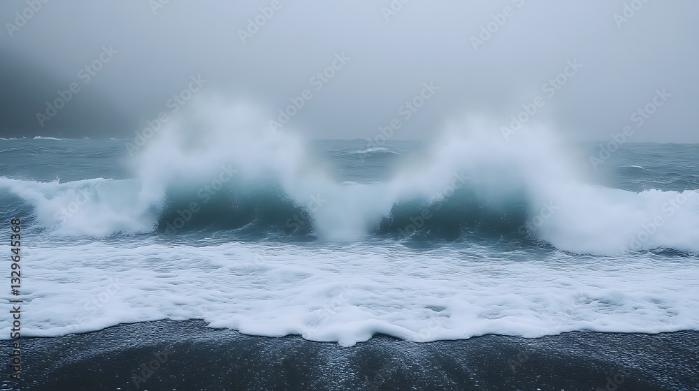Fototapeta premium Misty Ocean Waves Crashing On Shore