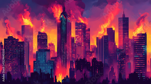 Fiery skyline ablaze with vibrant flames devouring towering skyscrapers, casting an orange glow across the smoky heavens. Smoky Glow. Illustration