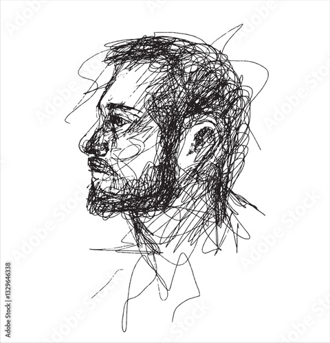 Sketch of a male portrait. Vector illustration of a face. Man drawn with ink. Line drawing. Piercing gaze. Line drawing. Hand drawn. Curved lines. Looking forward. Profile of a man