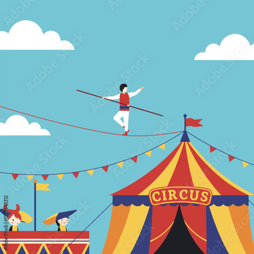Performer Balancing on Tightrope Above Circus Tent with Cheerful Spectators