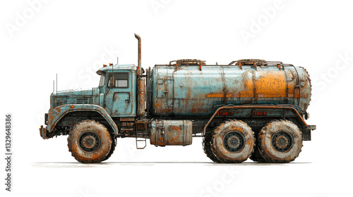 Rusty industrial tanker truck, isolated on transparent background