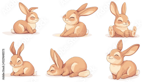 Charming collection of adorable, stylized brown bunny illustrations featuring various relaxed poses