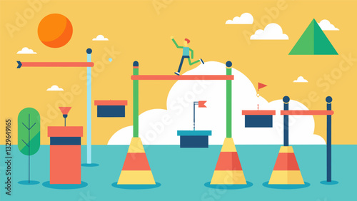 A fall prevention obstacle course with stations designed to challenge balance coordination and reaction time.. Vector illustration