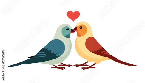 Stylized lovebirds kissing with heart symbol, romantic illustration