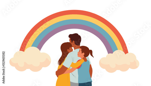 Dad embracing his kids under a rainbow, family love and unity