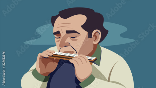 A harmonica player with greying sideburns blows into the instrument with fervor his eyes closed in concentration.. Vector illustration