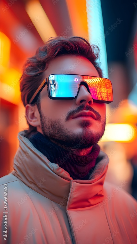Obraz premium Stylish man in AI-powered smart glasses with an interactive HUD walks through a futuristic mall. The scene feels exciting and visionary—ideal for tech ads or articles on AI innovation in daily life.
