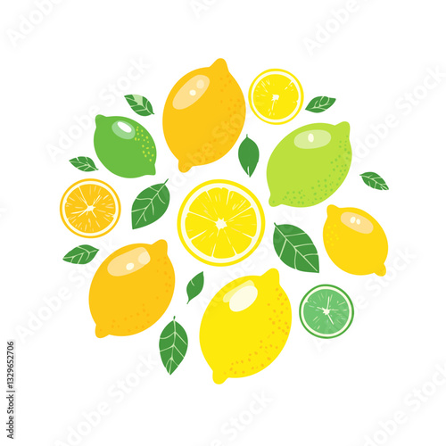 set of lemon slices and leaves,Oranges and lemon lime with half slices falling or floating in the air with green leaves isolated on a white background