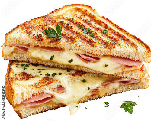 delicious croque monsieur sandwich featuring layers of ham and melted cheese, perfectly toasted to golden brown. addition of herbs enhances its savory flavor