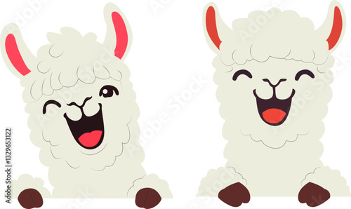 Two Happy Llamas Peeking Over