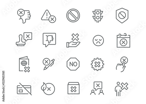 Vector icons on the theme of prohibition and refusal in linear style, editable. This set includes icons with symbols of prohibition, crosses, stop signs, and other visual elements that are easy to use