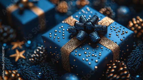 Christmas Gifts Close-Up, Dark Blue, Gold