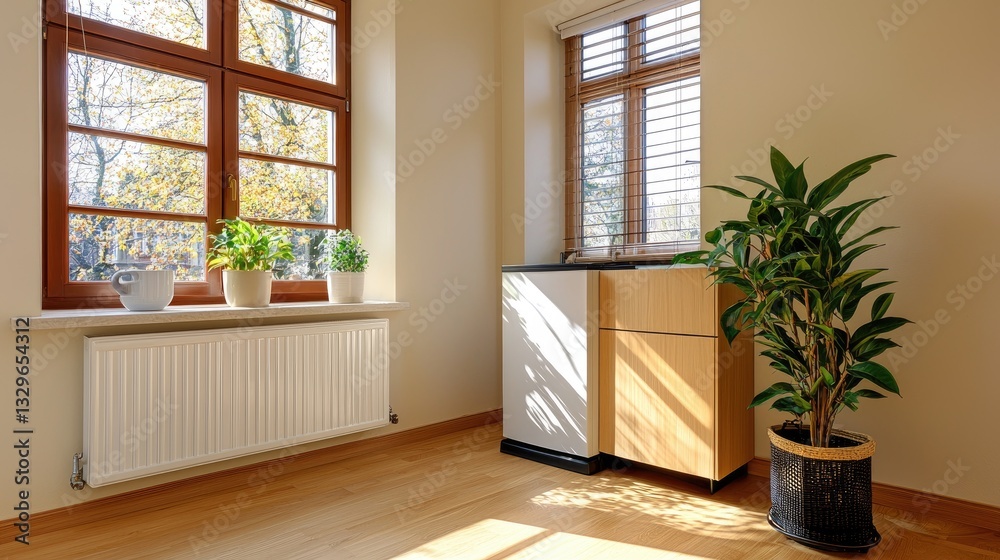 Fototapeta premium Gas-powered combi boiler system connected to a heating radiator, showcasing modern efficiency.