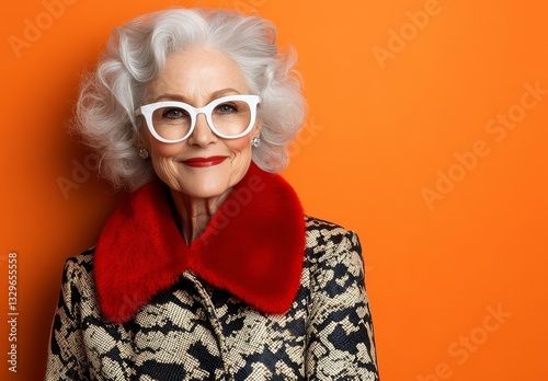 Smiling Senior Woman in Stylish Coat with Red Collar Against Orange Background