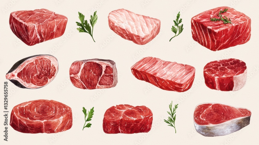 Assorted cuts of fresh raw beef steak long title A collection of various raw beef steak cuts including ribeye tenderloin sirloin and other premium Assorted cuts of fresh raw beef steak long title A collection of various raw beef steak cuts including ribeye tenderloin sirloin and other premium