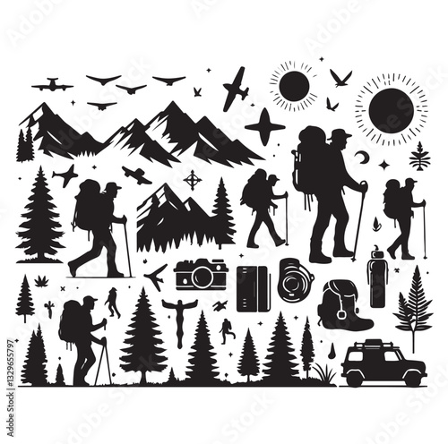 Hiker set vector silhouette SH