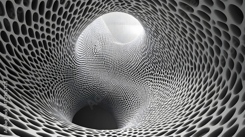 Intricate spirally tunnel with fractal linear patterns and geometric designs creating a mesmerizing visual experience of depth and movement. photo