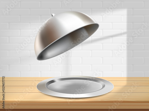 Tray dish with metal cap cloche on wooden tabletop. Vector illustration.