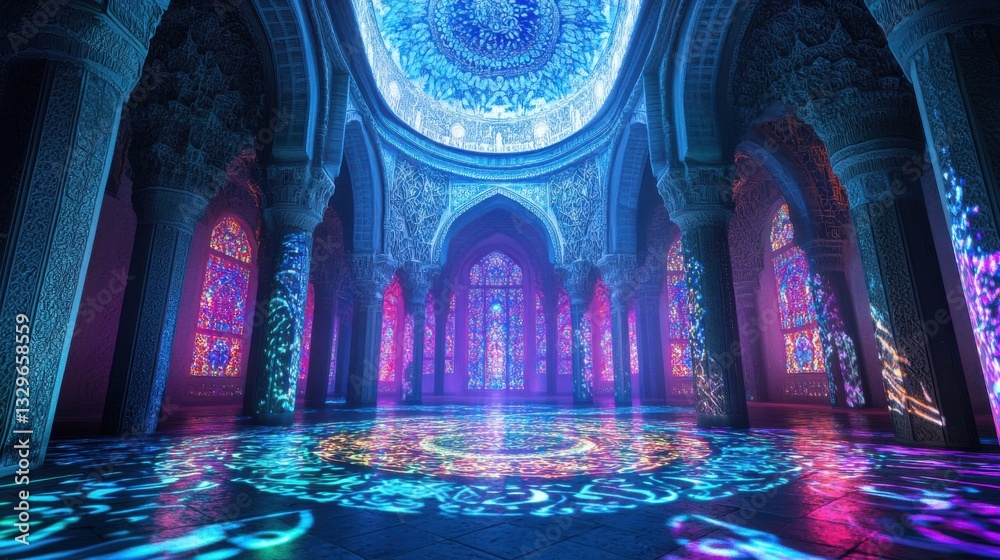 Obraz premium A hypnotic display of sacred geometry, floating calligraphic designs glowing in a cosmic mosque ambiance
