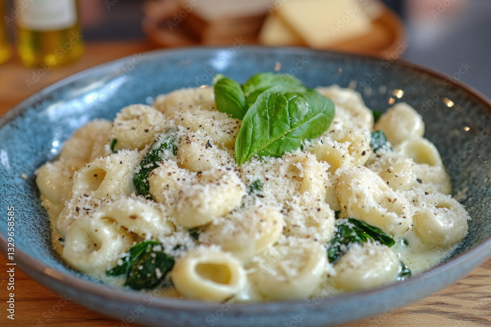 Bowl of pasta topped with basil leaves and cheese, garnished beautifully. Bowl of pasta topped with basil leaves and cheese, garnished beautifully.