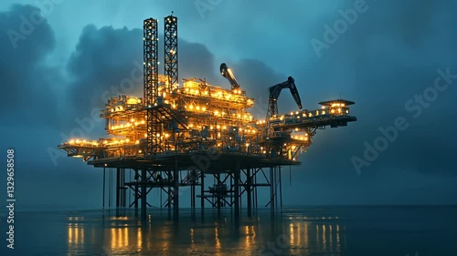 A Majestic Industrial Structure Amidst the Ocean Under a Cloudy Sky