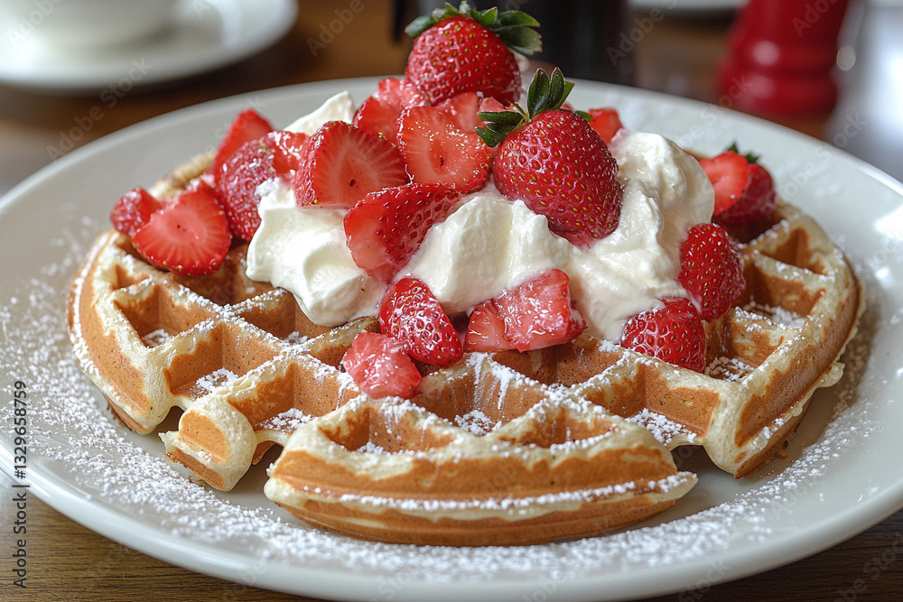 Waffles with strawberries and cream in a classic, elegant brunch spot Waffles with strawberries and cream in a classic, elegant brunch spot