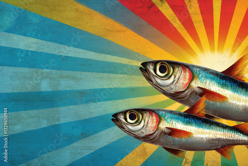 Two Colorful Fish with Retro Sunburst Background