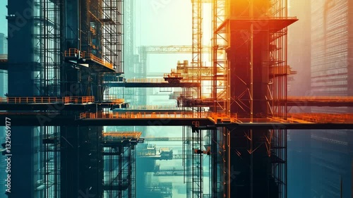 Futuristic Digital Cityscape Under Construction with Abstract Wireframe Structures at Sunset