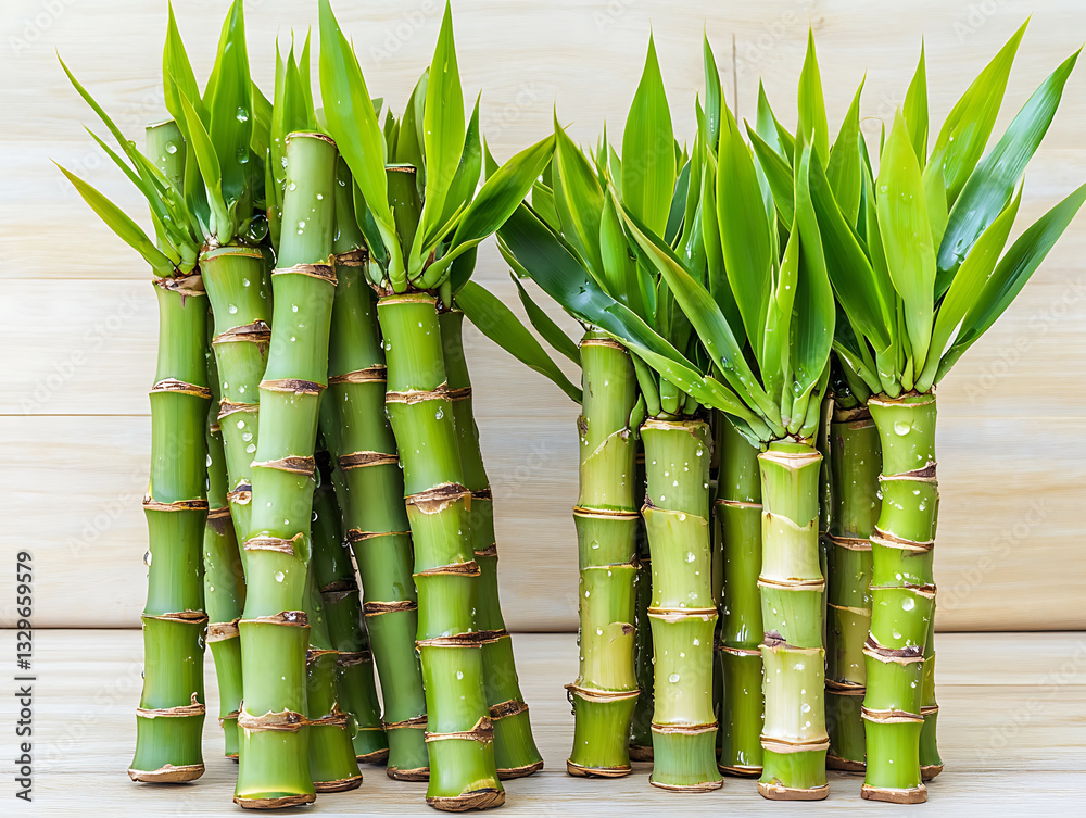 Fototapeta premium Fresh vibrant green bamboo stalks with leafy tops arranged on a light wooden surface glistening with water droplets.