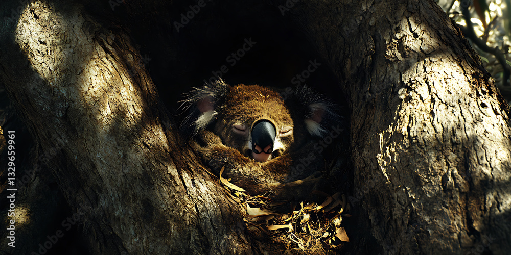 Cozy koala nestled asleep in a tree hollow bathed in dappled sunlight a serene moment in the wild. Cozy koala nestled asleep in a tree hollow bathed in dappled sunlight a serene moment in the wild.