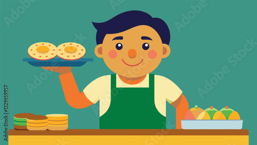 The friendly vendor greets each customer with a warm smile and takes pride in crafting each sopes and gordita with care and precision.. Vector illustration