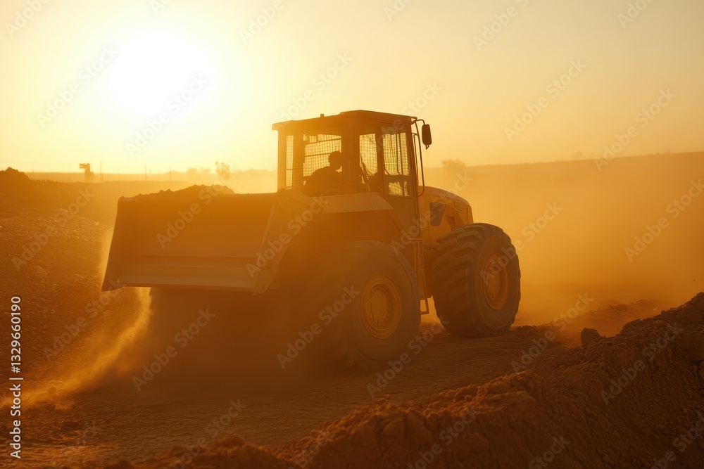 Fototapeta premium Construction Equipment Working at Sunset in Dusty Environment