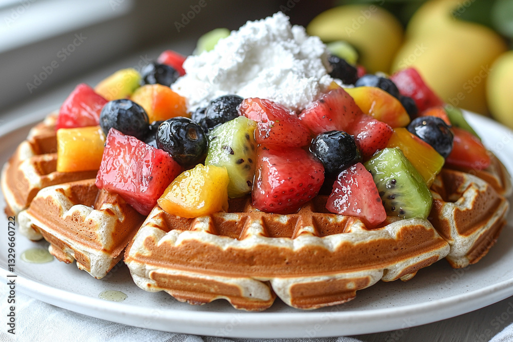 Waffles with tropical fruits and coconut cream on a sunny patio Waffles with tropical fruits and coconut cream on a sunny patio