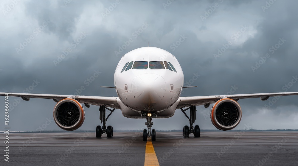 Naklejka premium Commercial Passenger Airliner Sitting on Runway and Waiting for Takeoff During Cloudy and Overcast Weather Conditions at Airport