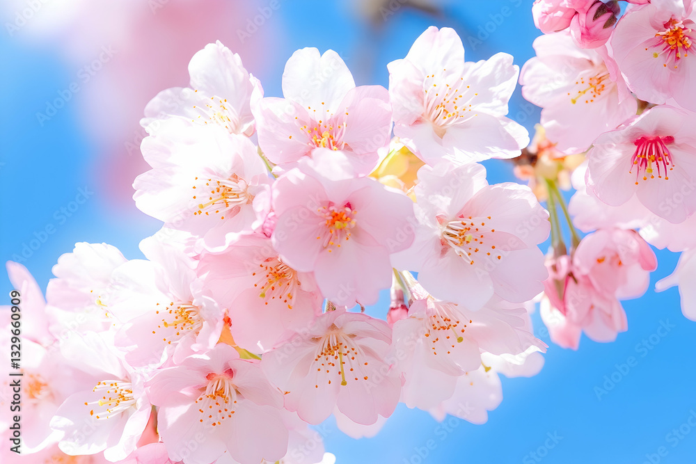 Delicate pink cherry blossoms against a vibrant blue sky. Soft focus highlights the delicate petals and stamens Delicate pink cherry blossoms against a vibrant blue sky. Soft focus highlights the delicate petals and stamens