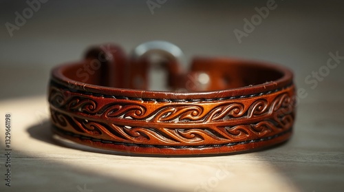 Handmade genuine leather bracelet with wave pattern on a softly lit wooden background
