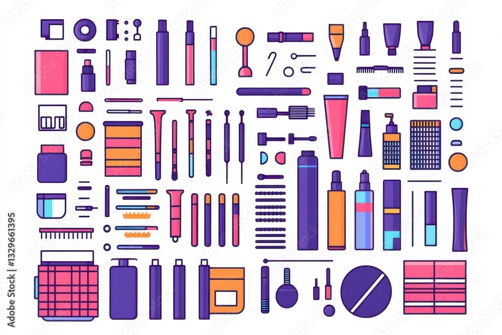 Vibrant Collection of Cosmetic Tools and Products on White Background Vibrant Collection of Cosmetic Tools and Products on White Background