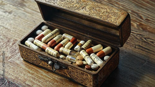Vintage Wooden Medicine Box Filled with Aged Capsules and Pills in an Antique Apothecary Setting
