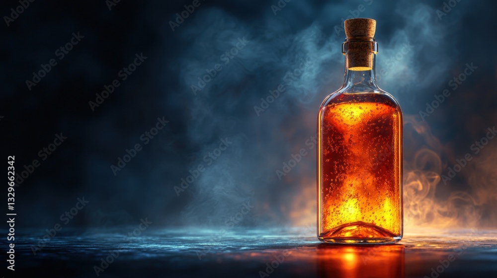 A bottle of whiskey with a fire in the background captured in realistic photography featuring ample copy space available A bottle of whiskey with a fire in the background captured in realistic photography featuring ample copy space available
