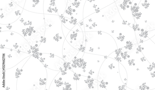 Subtle floral scatter pattern with delicate gray foliage and intersecting circular lines, creating a stylish, minimalist aesthetic perfect for modern designs and backgrounds
