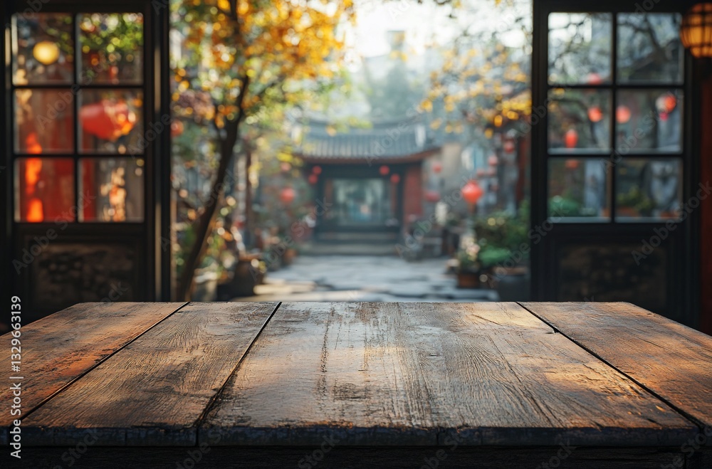 Empty wooden table in front of traditional Chinese courtyard Empty wooden table in front of traditional Chinese courtyard