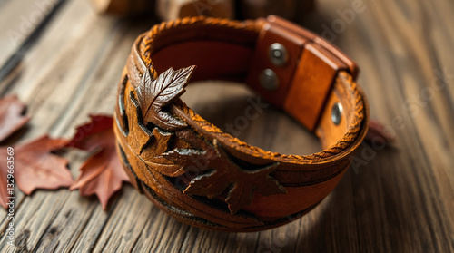 Handmade genuine leather bracelet with embossed leaves on a wooden table with autumn leaves