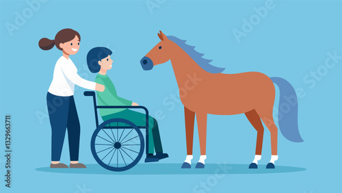 A therapy horse stands serenely while a wheelchairbound resident places her hand on its muzzle a peaceful look on her face.. Vector illustration