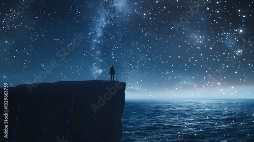 Eternal Embrace: Unity Between Humanity and the Cosmos Under a Starry Sky Overlooking a Vast Ocean on a Cliff