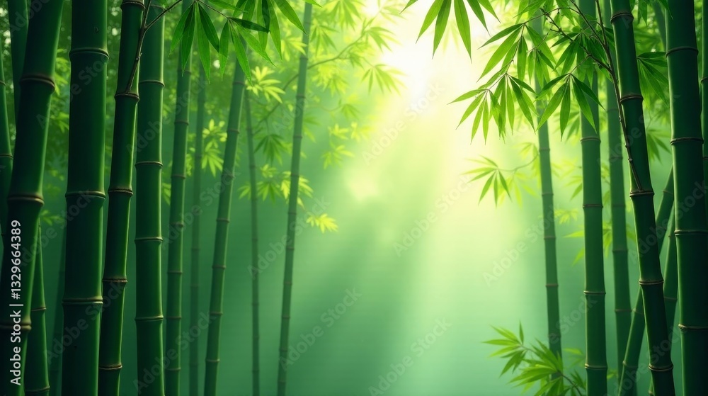 Fototapeta premium Serene Bamboo Forest Sunlight Filtering Through Lush Green Canopies, Creating a Tranquil and Peaceful Atmosphere