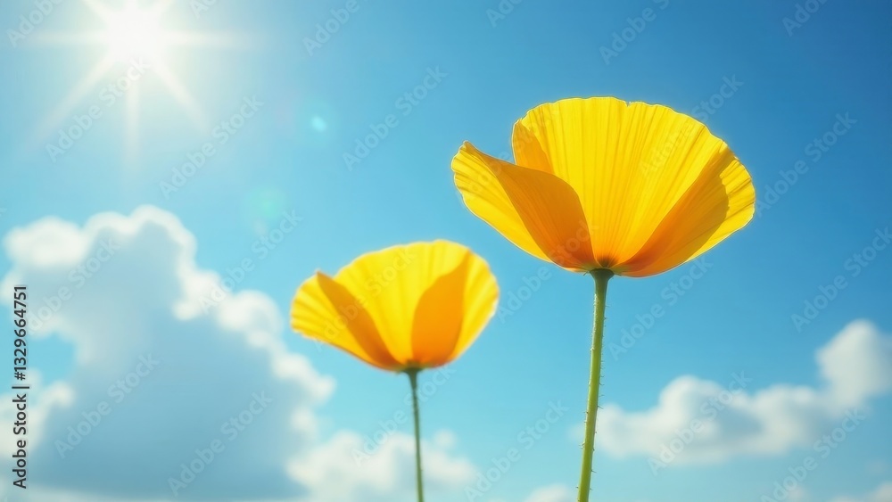Obraz premium Bright Yellow Flowers Basking in Sunshine Against a Vivid Blue Sky with Fluffy White Clouds