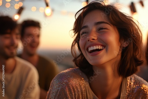 Joyful gathering of friends enjoying sunset at a rooftop with warm lights and laughter in the background
