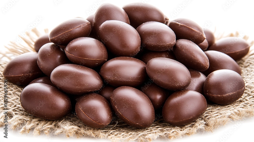 Chocolate Almonds stack on burlap, studio shot food Chocolate Almonds stack on burlap, studio shot food