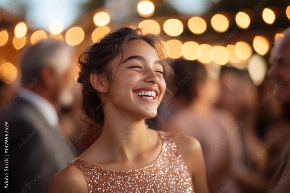 Obraz premium Vibrant celebration with joyful young woman smiling at a festive outdoor gathering during evening hours