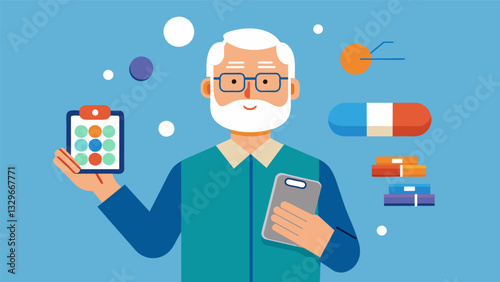 A retired engineer creates a device that reminds older adults to take their medication and tracks their adherence to their prescribed regimen.. Vector illustration